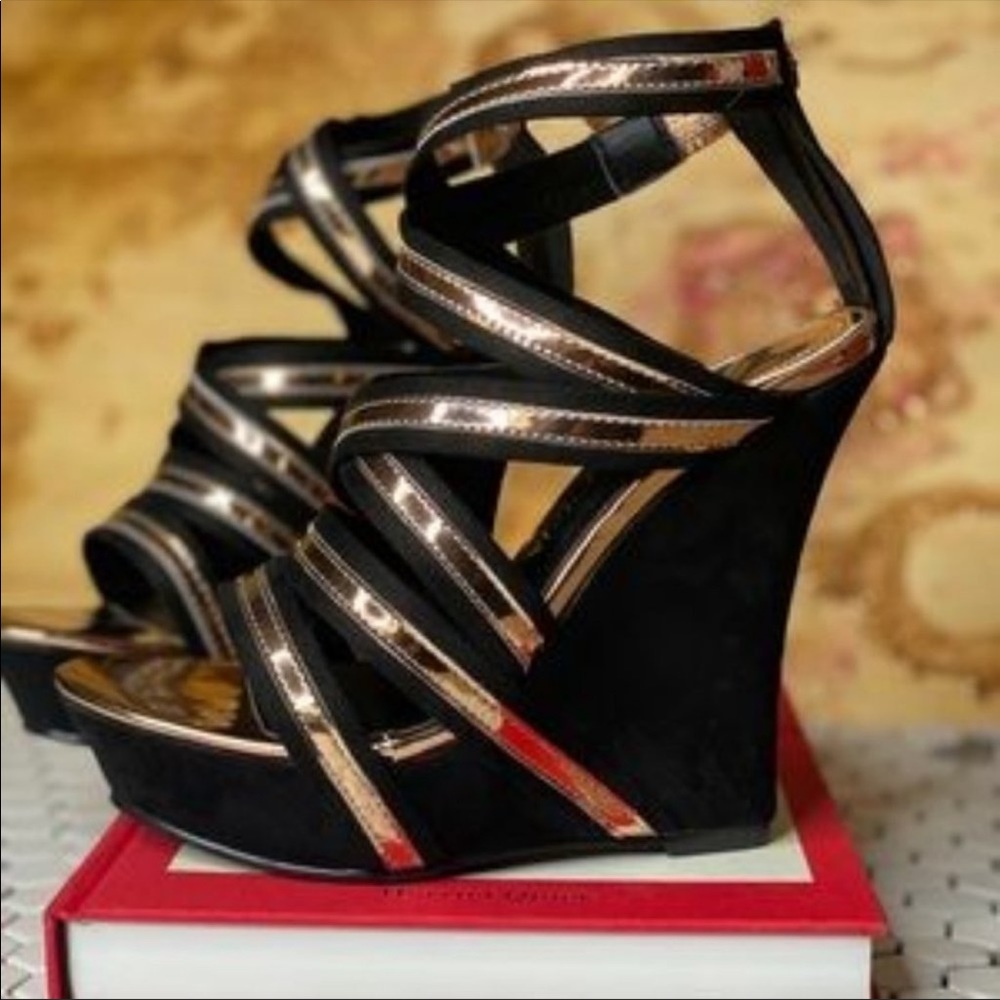 Gold Metallic Strappy Platform Wedge Heels Sandals
